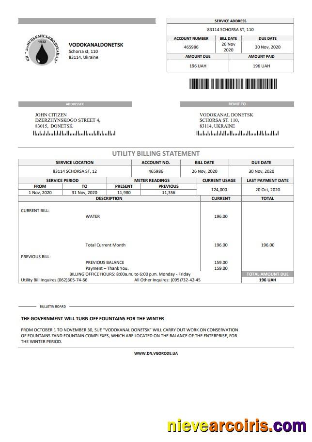 Ukraine Vodokanal Donetsk Донецькмиськводоканал utility bill